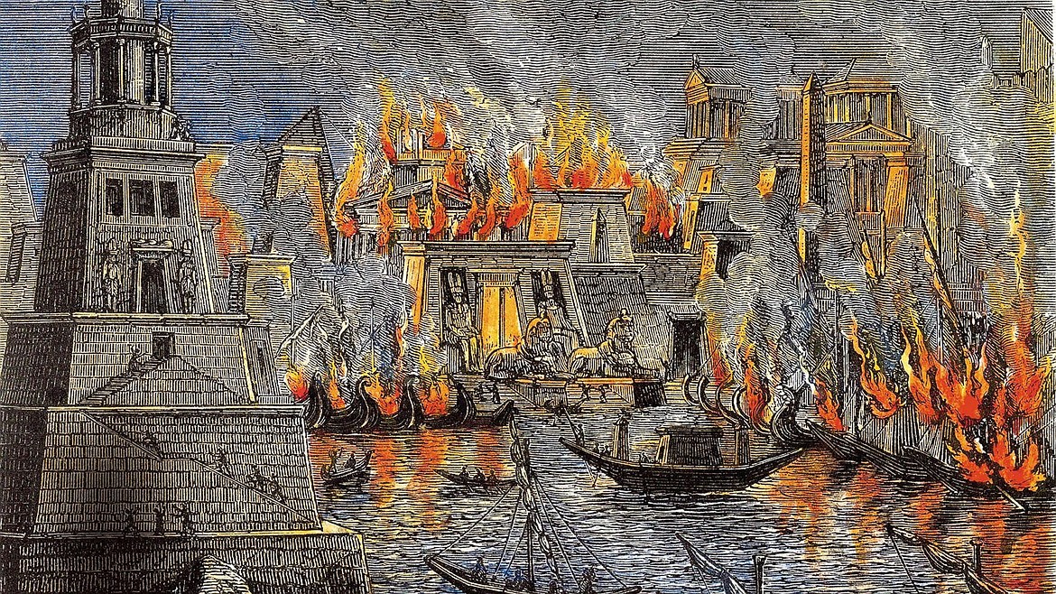 Burning of the Great Library of Alexandria in 48 A.D., the fire allegedly set by Julius Caesar.