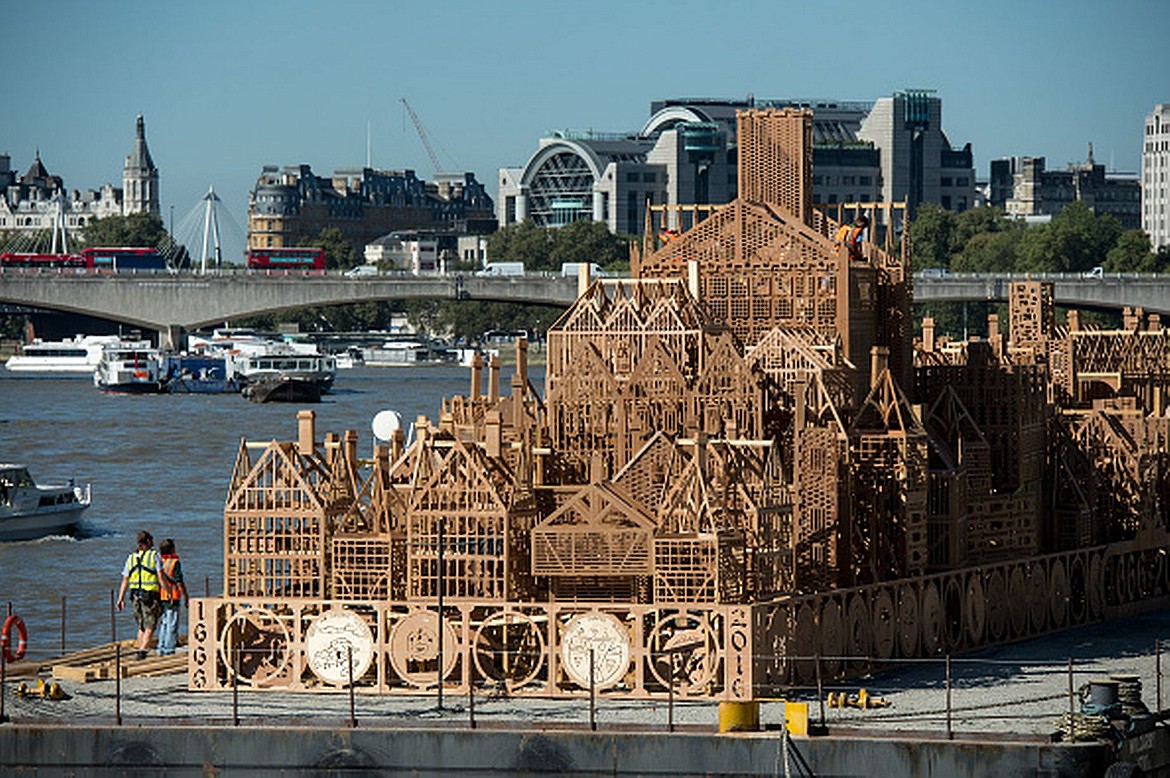 Wooden 400-foot model of the 1666 London on a barge in the Thames River ready for burning to commemorate the 350th anniversary of the Great Fire of London.