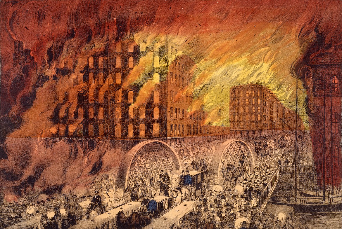 Currier & Ives lithograph of thousands fleeing across the Randolph Street Bridge in Chicago’s 1871 fire.