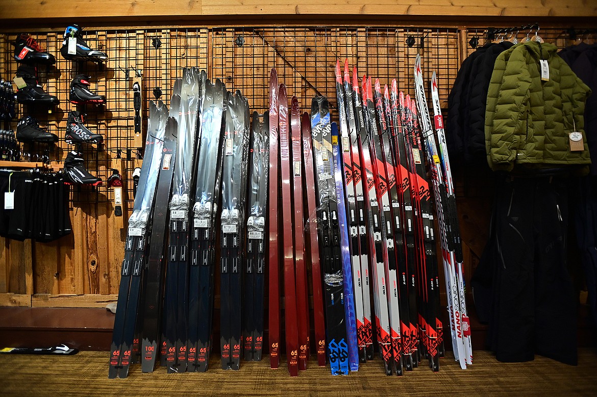 A selection of cross-country skis on display at Rocky Mountain Outfitter in Kalispell on Wednesday, Oct. 20. (Casey Kreider/Daily Inter Lake)