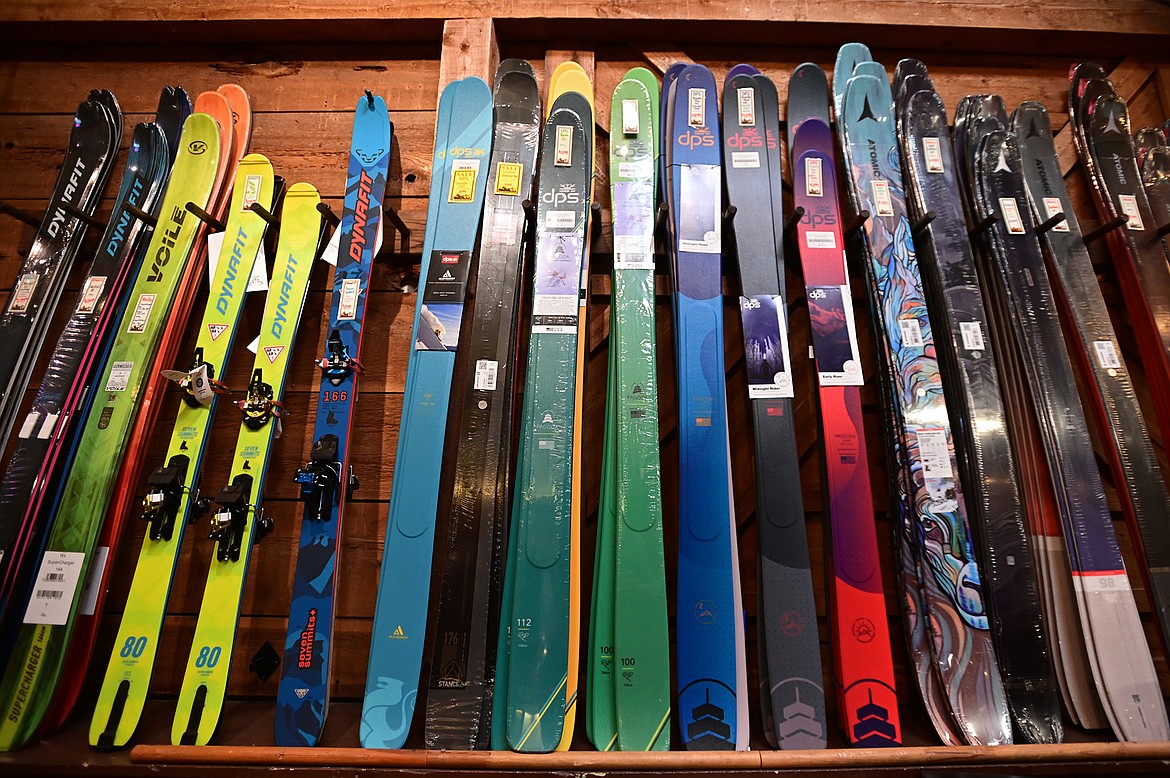 A selection of downhill skis on display at Rocky Mountain Outfitter in Kalispell on Wednesday, Oct. 20. (Casey Kreider/Daily Inter Lake)