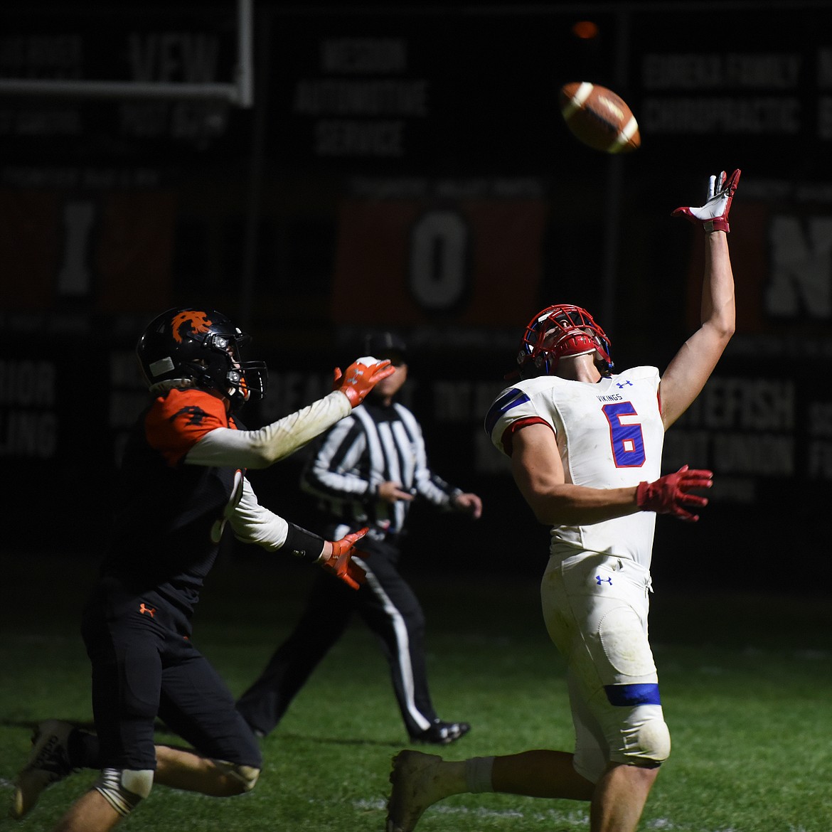 Bigfork receiver Nick Walker tries to come down with a pass in the end zone at Eureka Friday. (Jeremy Weber/Bigfork Eagle)