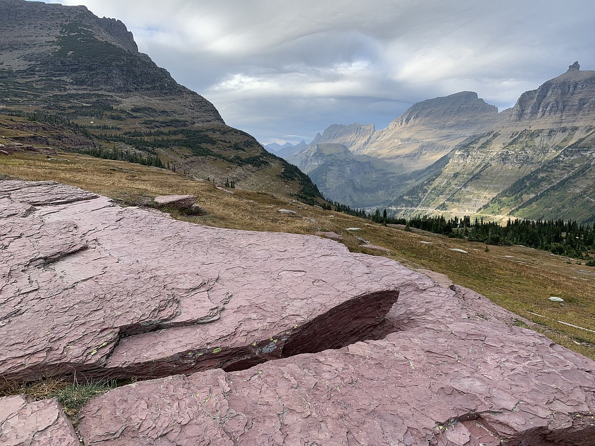 The Going-to-the-Sun Road in the distance rises toward Logan Pass in September.