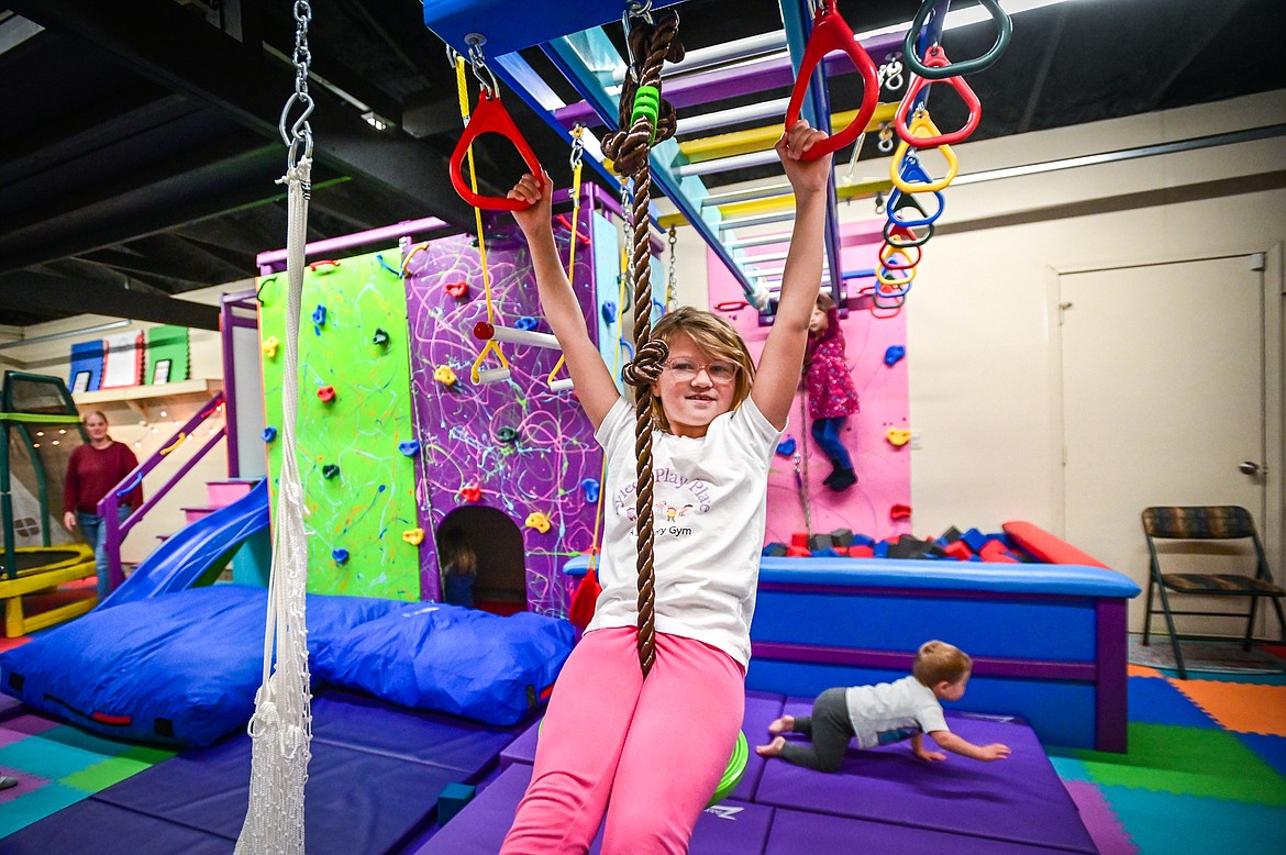 Alia Schottelkorb, 9, plays on the zipline at Rylee's Play Place in Kalispell on Thursday, Oct. 21. (Casey Kreider/Daily Inter Lake)