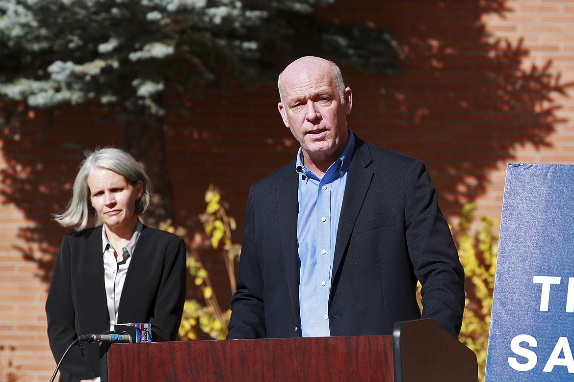 Montana Gov. Greg Gianforte speaks outside St. James Health hospital in Butte, Mont., Thursday, Oct. 21, 2021.