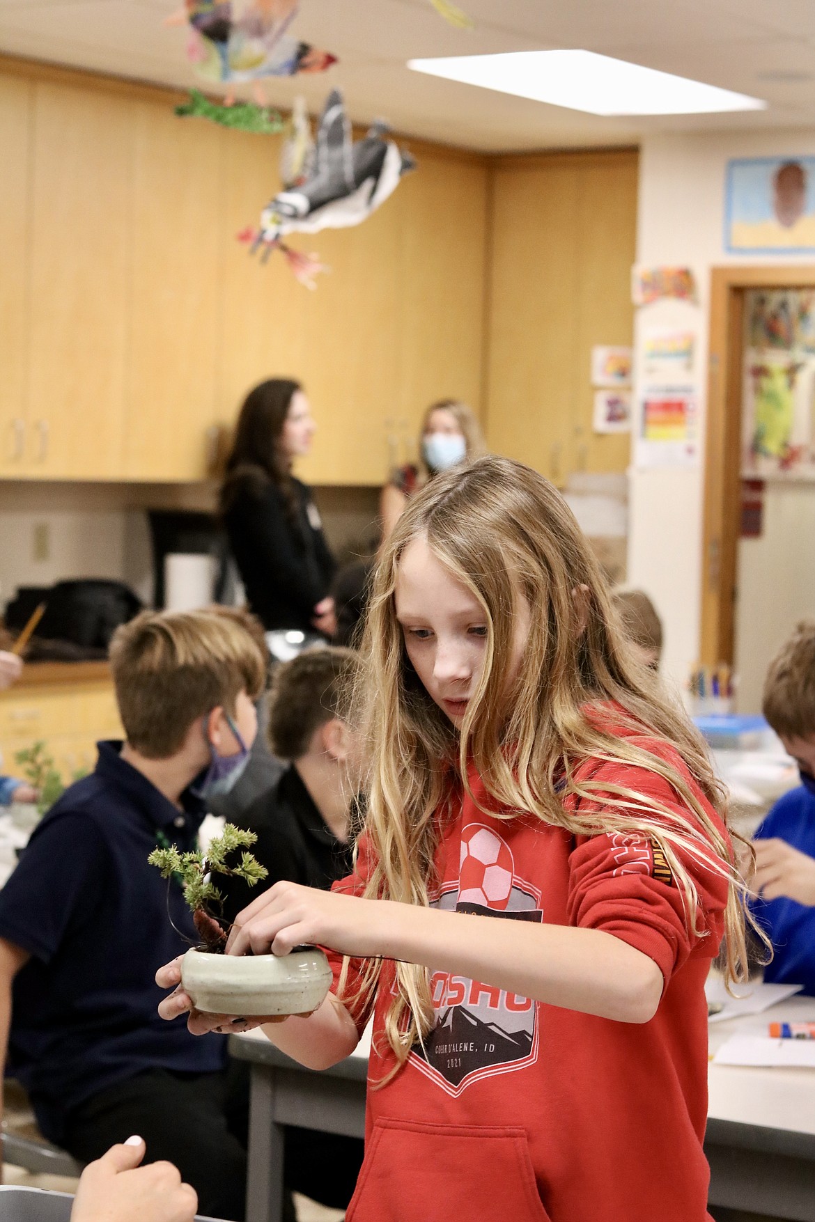 Zoey Lemmon, a fifth-grader at Sorensen Magnet School of the Arts and Humanities in Coeur d’Alene, eyes her freshly potted bonsai tree on Thursday after learning how to style and care for the plant from Robert and Jordan Gray of Gray to Green Nursery in Cougar Gulch. HANNAH NEFF/Press