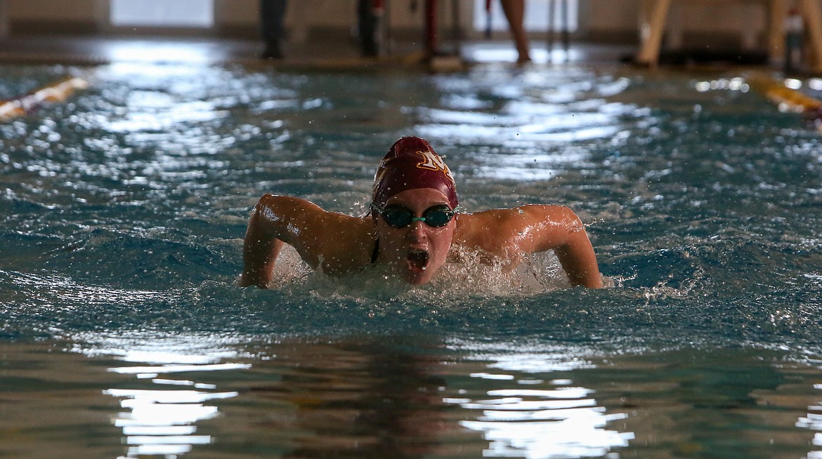 Makhaela Parrish takes a breath in the 100-yard butterfly at an earlier competition in Moses Lake.