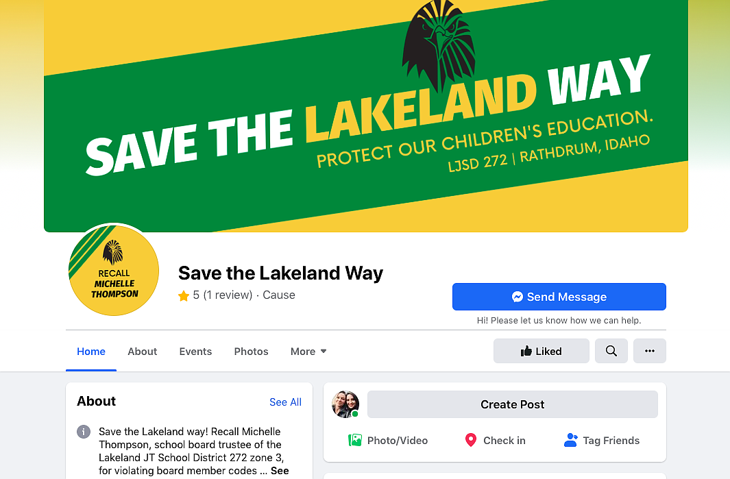 The original Save the Lakeland Way Facebook page founded by Terri Skubitz, requesting the recall of Lakeland Joint School District board chair Michelle Thompson. A website and cloned Facebook page of the same name recently sprung up in support of Thompson.