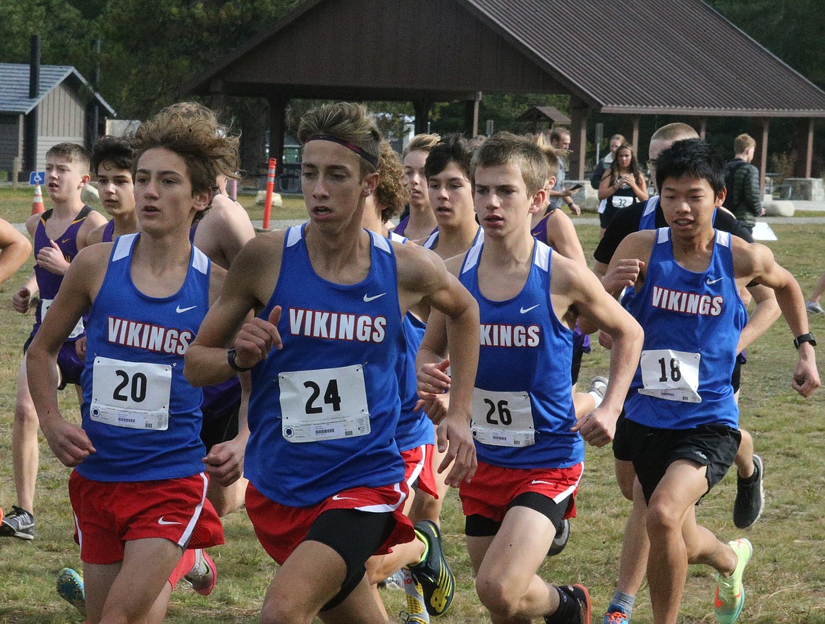 JASON ELLIOTT/Press
From left: Coeur d'Alene's Max Cervi-Skinner, Jacob King, Lachlan May and William Callahan get off the starting line during Thursday's 5A Region 1 meet at Farragut State Park. Coeur d'Alene won the boys regional title, the program's first since 2015.