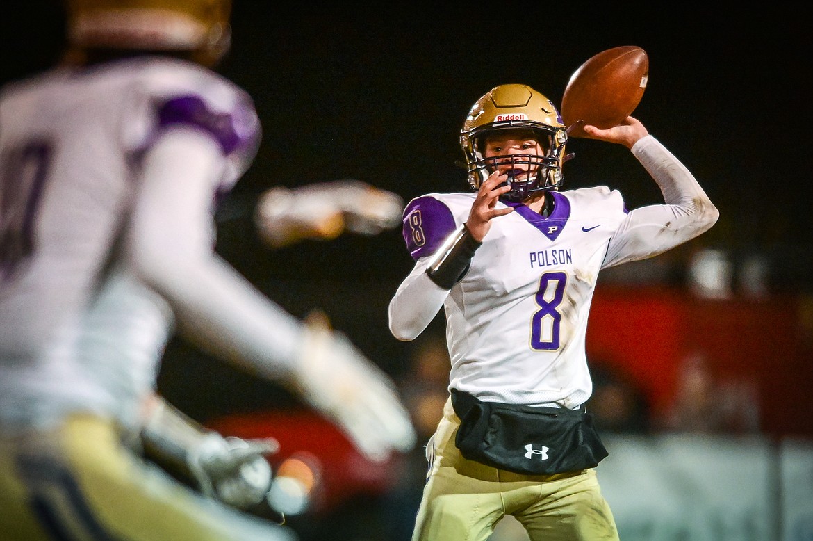 Polson quarterback Jarrett Wilson (8) looks to pass in the first quarter against Whitefish at Memorial Field in Whitefish on Friday, Oct. 22. (Casey Kreider/Daily Inter Lake)