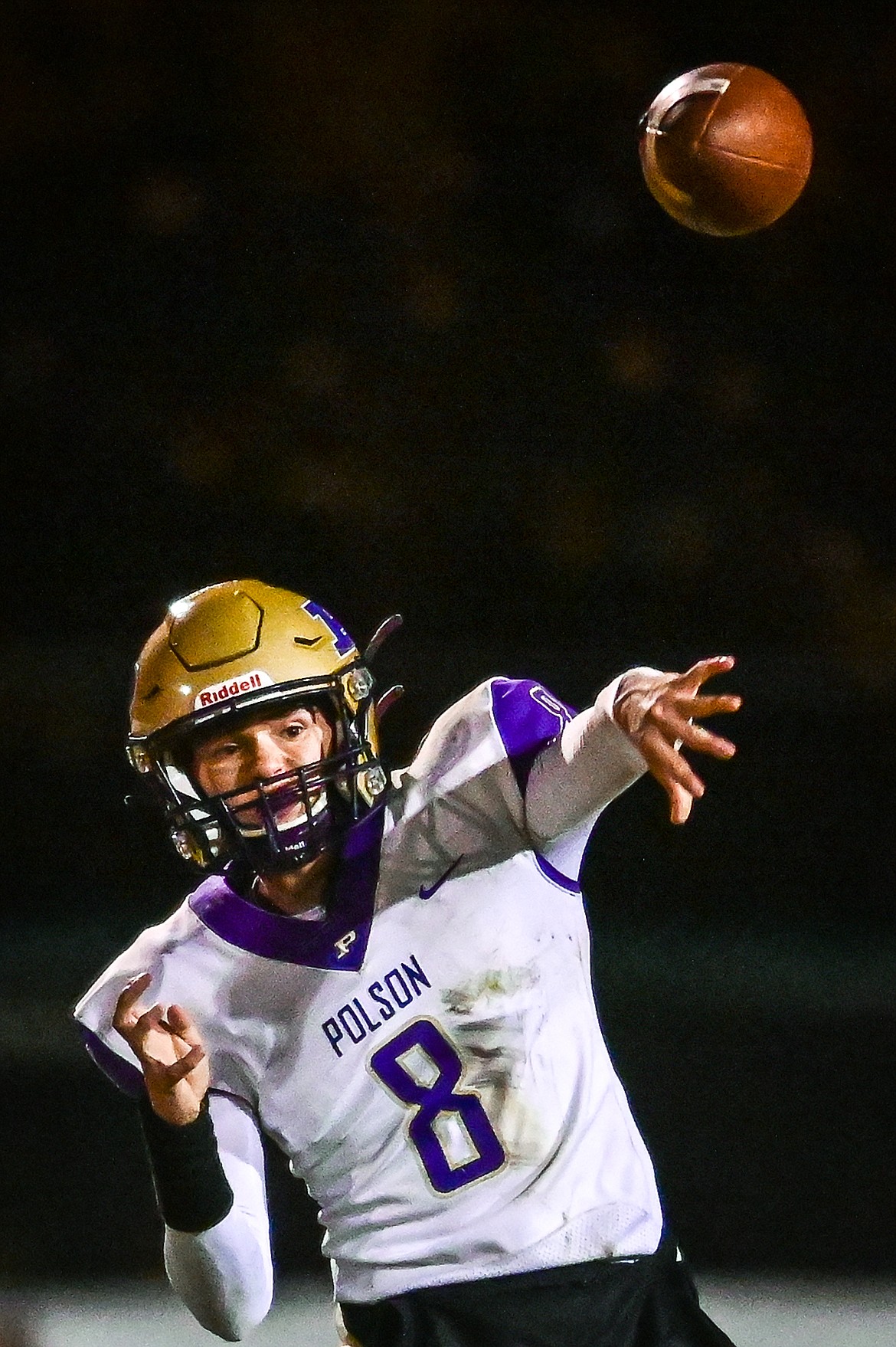 Polson quarterback Jarrett Wilson (8) looks to throw in the first quarter against Whitefish at Memorial Field in Whitefish on Friday, Oct. 22. (Casey Kreider/Daily Inter Lake)