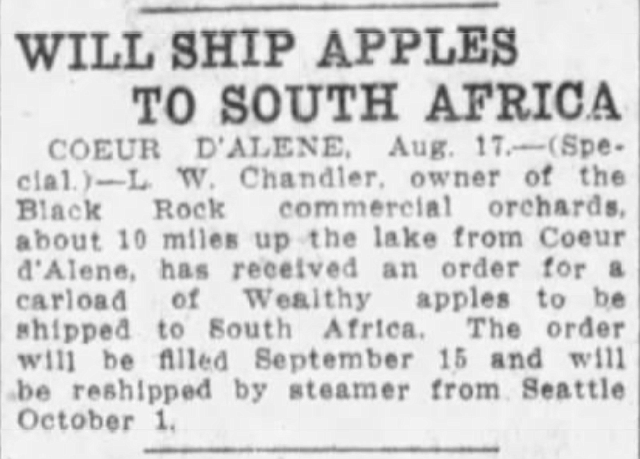 This Aug. 17, 1912, article in the Spokane Daily Chronicle records plans to ship apples from Black Rock Commercial Orchards to South Africa. Image via screenshot