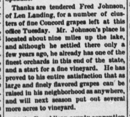 This screenshot from the Coeur d'Alene Press archives dated Sept. 24, 1898, reports that Fred Johnson who started Black Rock Commercial Orchards in the 1890s brought grapes from his farm in Black Rock to the Press office. Image courtesy of Bill Glover