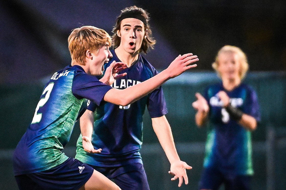 Glacier's Sam Ells (2) and Zane Elliott (10) celebrate after Ells' goal in the first half against Gallatin at Legends Stadium on Saturday, Oct. 23. (Casey Kreider/Daily Inter Lake)