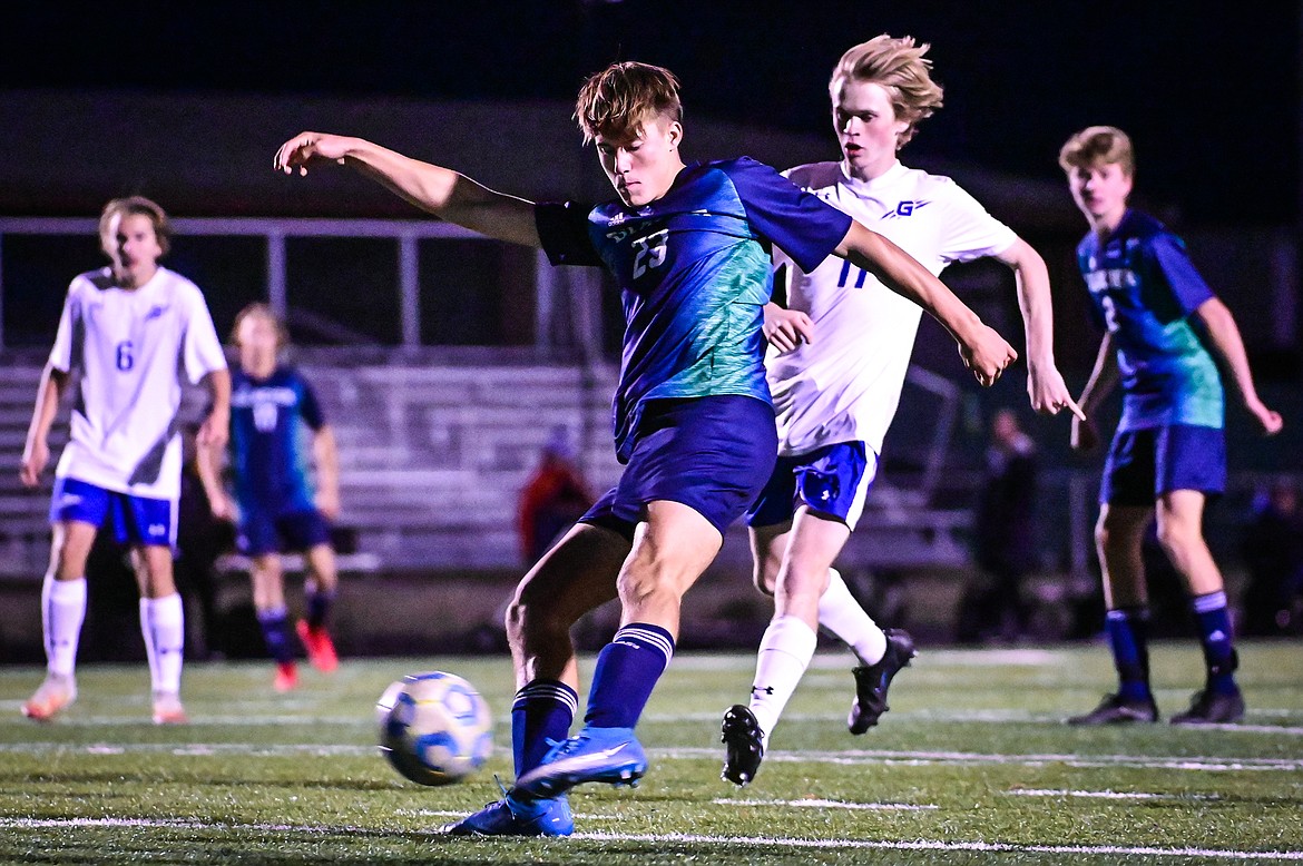 Glacier's Joey Paolini (23) shoots in the second half against Gallatin at Legends Stadium on Saturday, Oct. 23. (Casey Kreider/Daily Inter Lake)