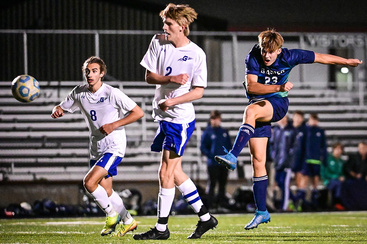 Glacier's Joey Paolini (23) shoots in the second half against Gallatin at Legends Stadium on Saturday, Oct. 23. (Casey Kreider/Daily Inter Lake)