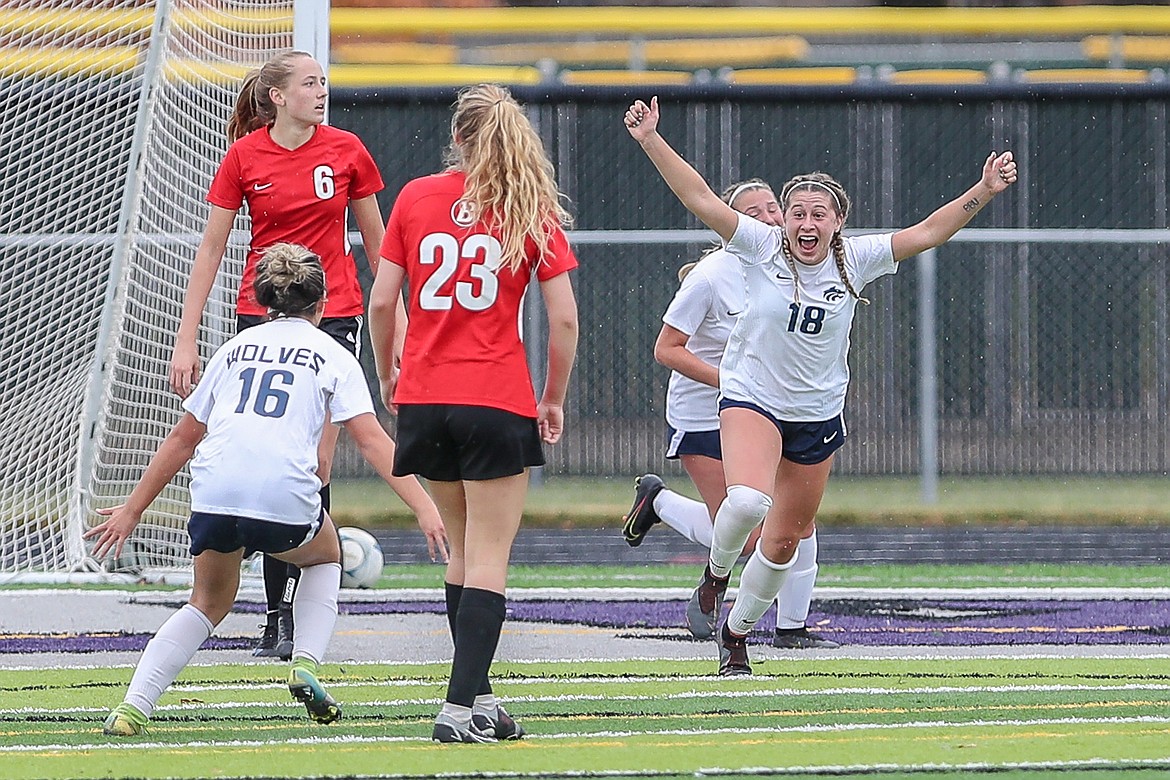 Photo by LOREN ORR PHOTOGRAPHY
Lake City forward Elliotte Kortus (18) celebrates after scoring the game's only goal in the second half against Boise in the state 5A girls soccer championship game in October at Rocky Mountain High in Meridian. At left is Timberwolf teammate Olivia Azzollini.