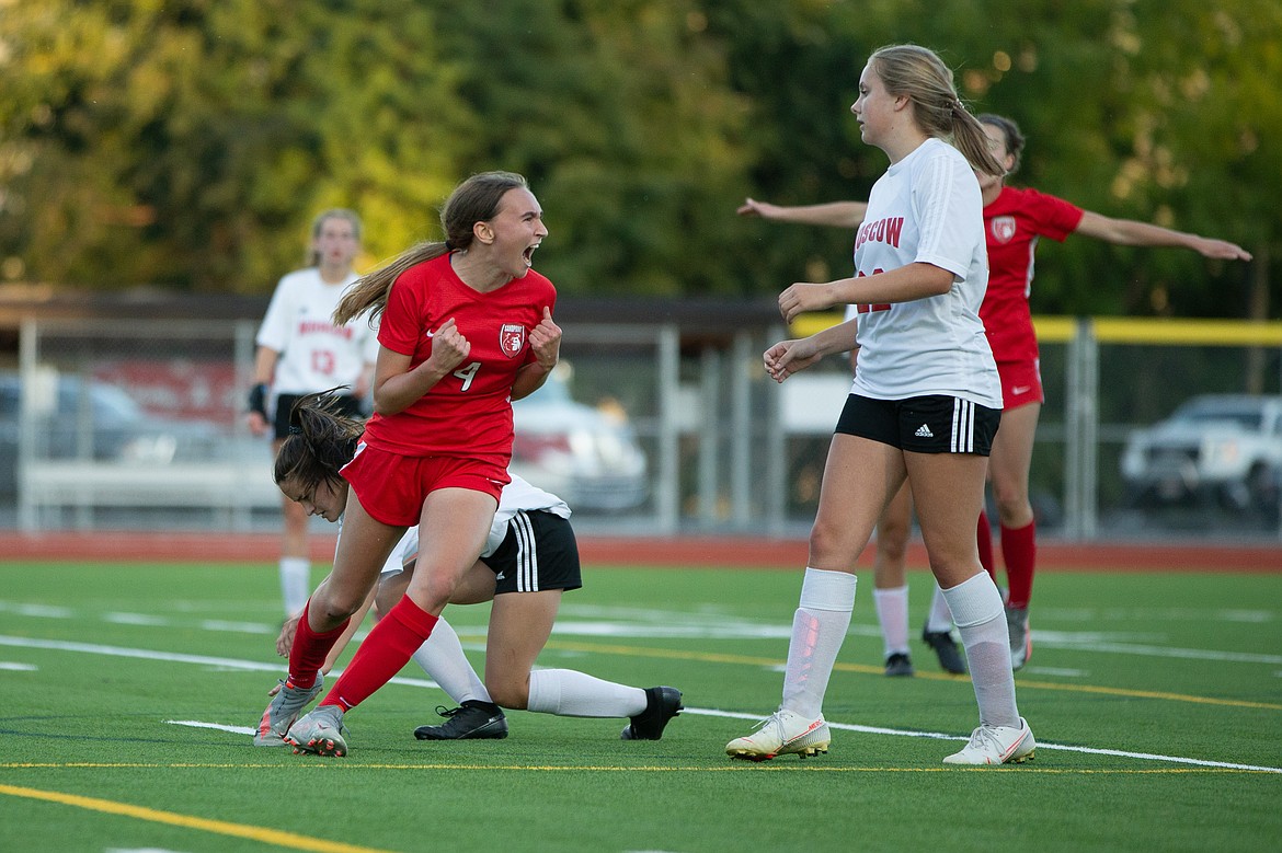 Senior Kate McGregor celebrates after scoring a goal in the 80th minute to secure a victory over Moscow on Sept. 23.