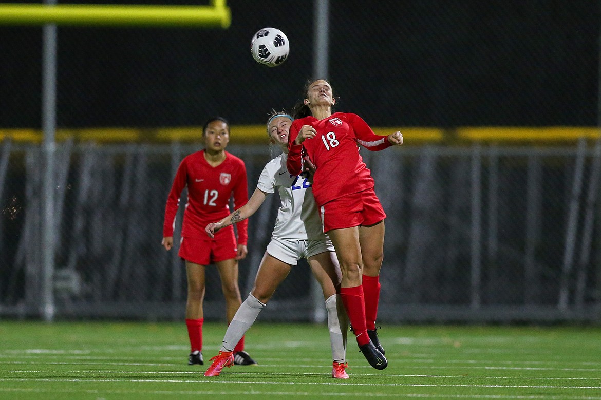 Aliya Strock rises up for a header during a match against Coeur d'Alene on Sept. 28.