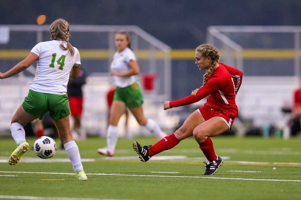 Senior Kalila Tuinstra scores a goal in the 56th minute of a match against Lakeland on Sept. 30.