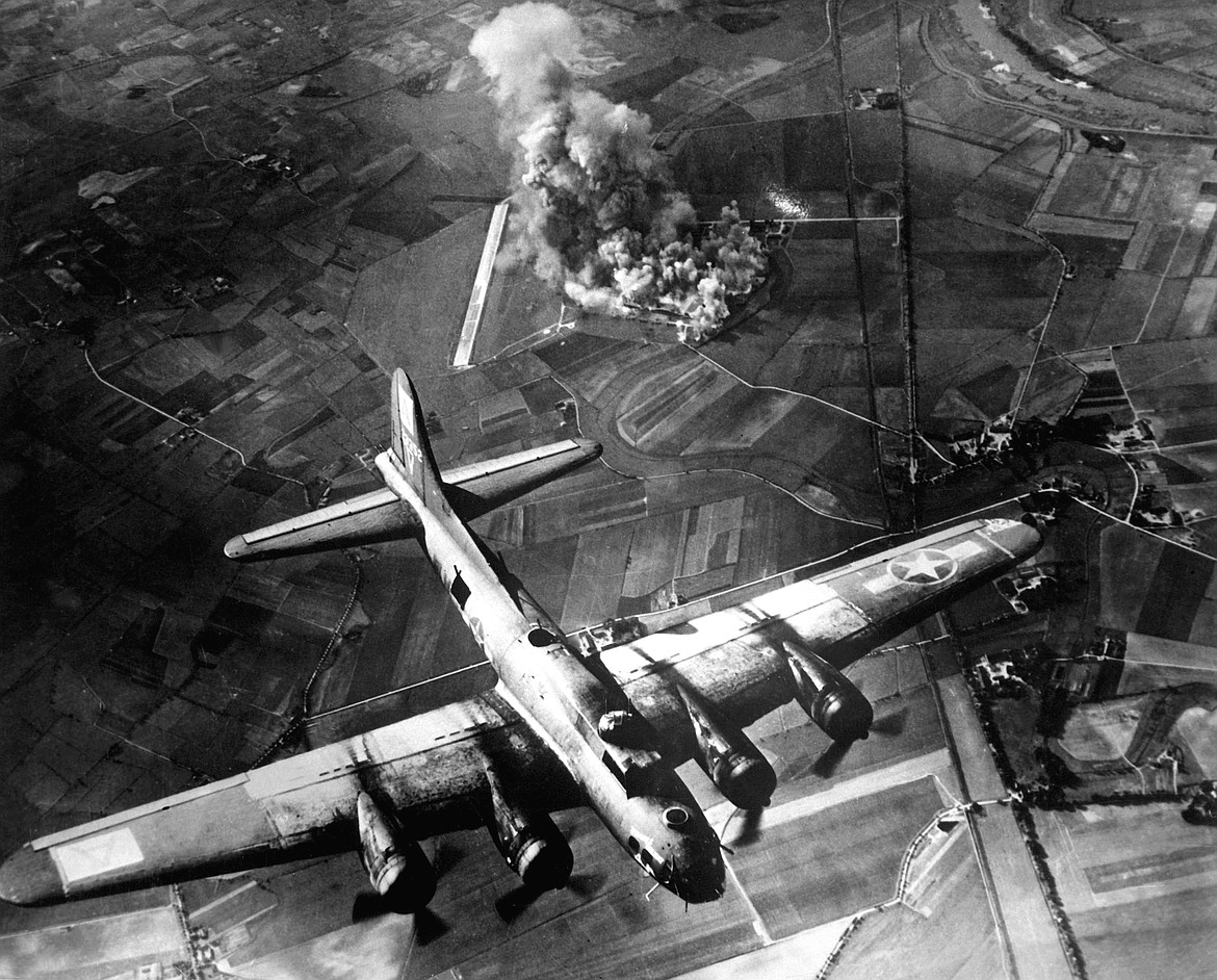 Precision bombing by 100 B-17s on a Focke-Wulf aircraft plant at Marienburg, Germany, on Oct. 9, 1943.