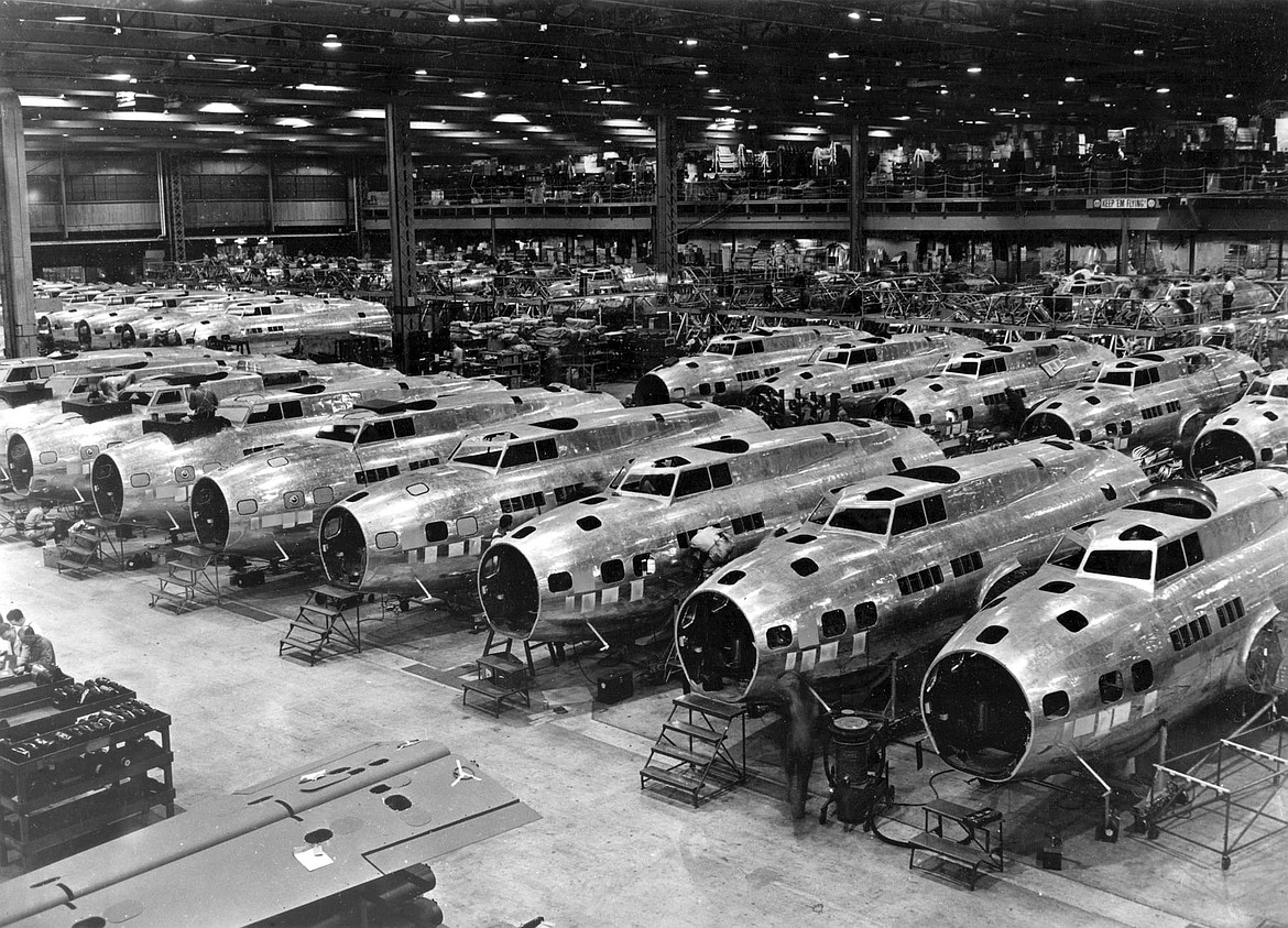 Boeing B-17Es seen under construction at the Seattle plant during World War II (1943).