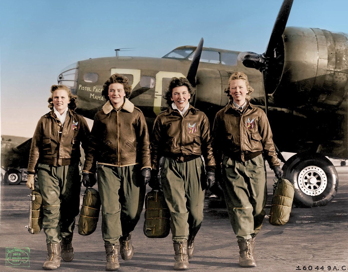 Starting in 1942, women were trained as pilots to ferry more than 70 types of aircraft, including B-17s, as members of the Women Airforce Service Pilots (WASPs) due to a shortage of pilots. Shown here from left are: Frances Green, Margaret Kirchner, Ann Waldner and Blanche Osborn with B-17 “Pistol Packin' Mama” behind them.