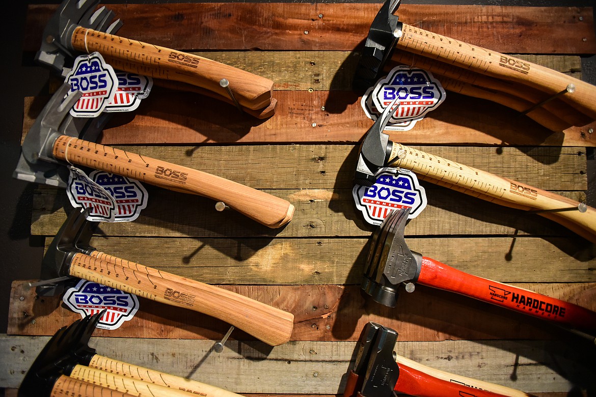 A selection of Boss Hammer Co. hammers on display at Trusted Gear Company in Evergreen on Tuesday, Oct. 26. (Casey Kreider/Daily Inter Lake)