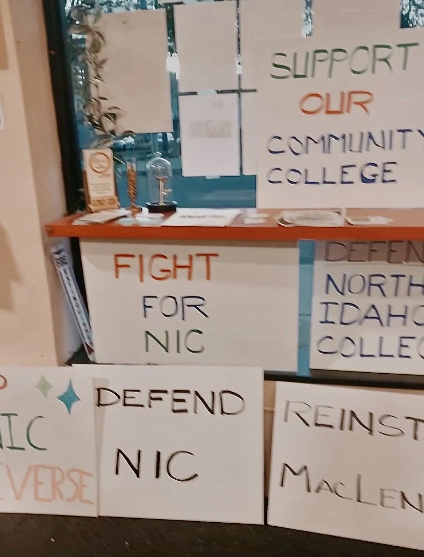 Supporters of former North Idaho College President Rick MacLennan created posters Monday night to use during the march at 3 p.m. on campus today to protest his termination without cause at the Board of Trustees meeting on Sept. 22. Photo courtesy of Ciara Platt