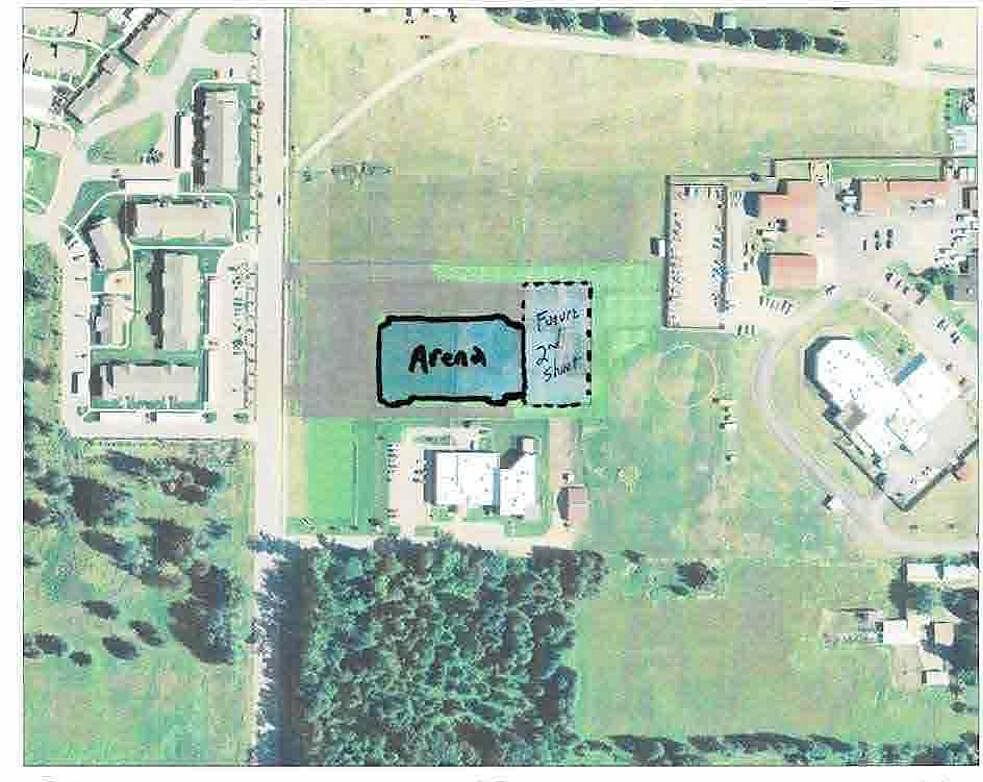 An aerial photo of the proposed footprint for the newly approved ice rink. The rink will be built on land located in between the Bonner County Fairgrounds and the Bonner County Sheriff's Office. The site also has room for the rink to be expanded upon in the future.