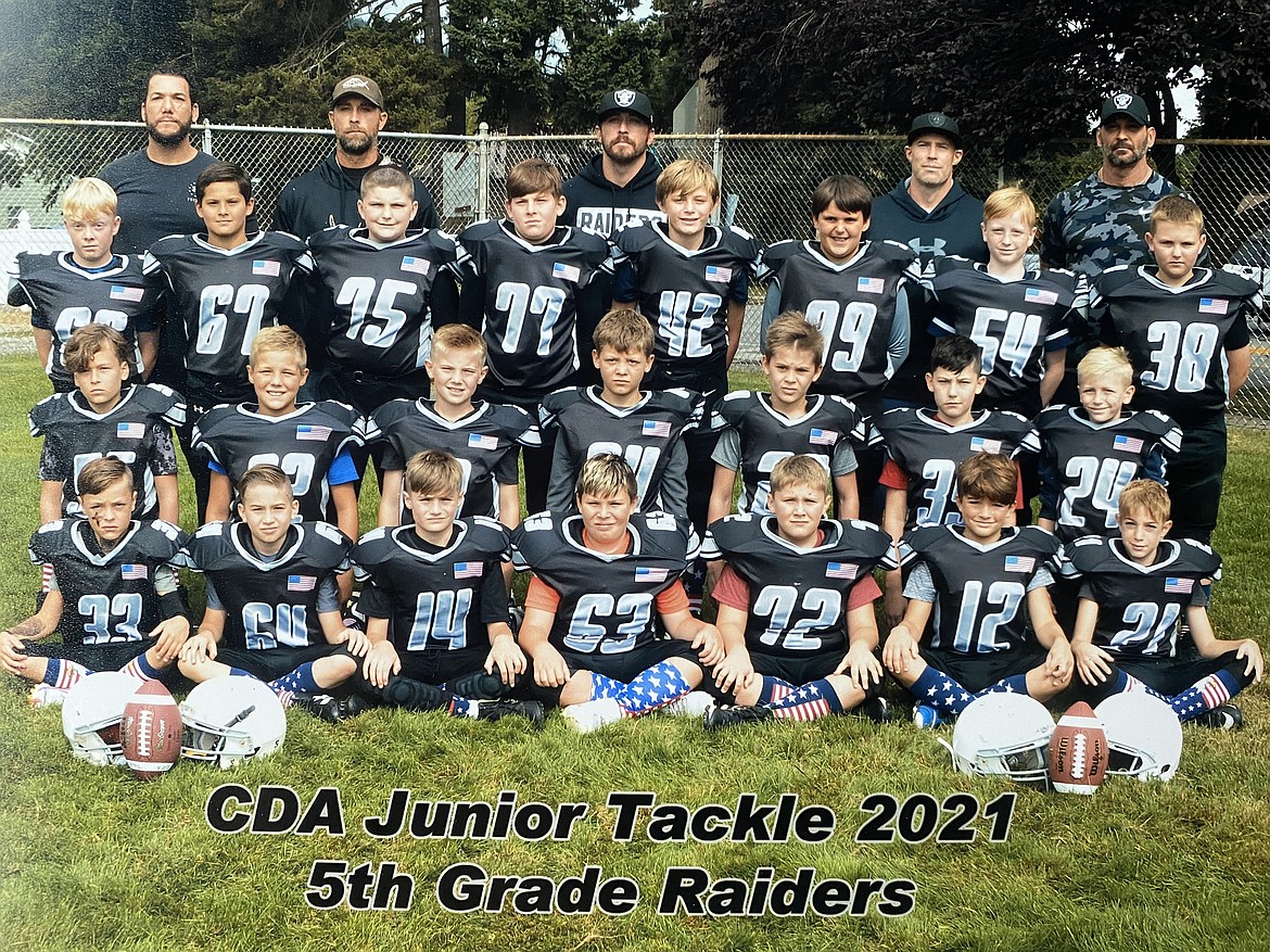 Photo by CUTTING EDGE IMAGES
The Raiders won the championship in the fifth-grade division of Coeur d'Alene Junior Tackle. In the front row from left are Liam Brock, Zachary Petterson, Dawson Kohler, Jax LaChapelle, Jaxon Bolyard, Cole Armstrong and Anthony Robinson; second row from left, Briggs Basson, Hunter Williamson, Hunter Teuscher, William Strait, Marcus Ruggiero, Jacob Thompson and Robert Epps; third row from left, Jonah Moore, Asher Barajas, Jackson Sifford, Jackson Beckenhauer, Ethan Ramsrud, Tripp Gugino, Caleb Martin, and Carson Eisenacher; and back row from left, Ken Basson, Chris Williamson, Arek Brock, Weston Teuscher and Sean Ruggiero.