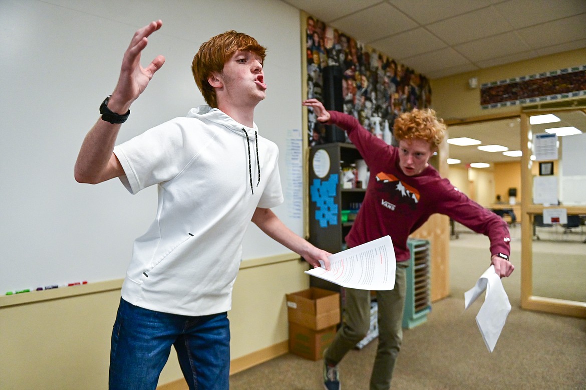 Mac Adkins, left, and Alden Lamson practice their duo interpretation speech at Glacier High School on Tuesday, Oct. 26. (Casey Kreider/Daily Inter Lake)