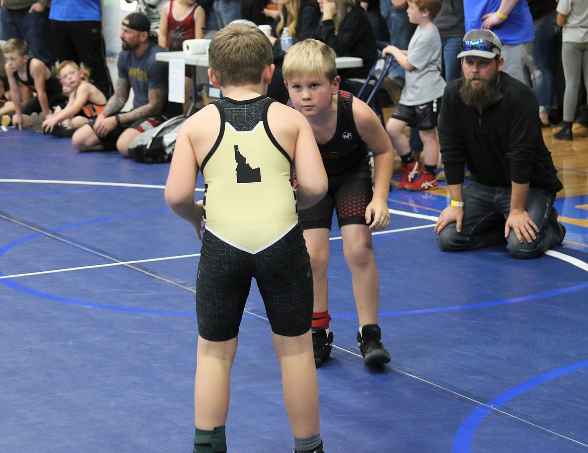 A Sandpoint Legacy wrestler competes on Oct. 23 in Bonners Ferry.