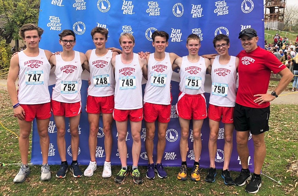 The Sandpoint boys varsity team poses for a photo at the 4A state championships on Friday. Pictured (from left): Slate Fragoso, Nathan Roche, Kasten Grimm, Ben Ricks, Trey Clark, Caleb Roche, Daniel Ricks and coach Matt Brass.