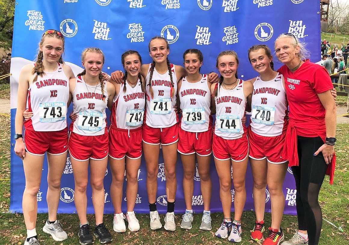 The Sandpoint girls varsity team poses for a photo at the 4A state championships on Friday. Pictured (from left): Jillian Primgaard, Mackenzie Suhy-Gregoire, Megan Oulman, Ara Clark, Payton Betz, Grace Rookey, Tiffany Brown and coach Angie Brass.