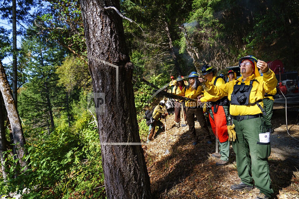 Elizabeth Azzuz stands in prayer with a handmade torch of dried wormwood branches before leading a cultural training burn on the Yurok reservation in Weitchpec, Calif., Thursday, Oct. 7, 2021. Azzuz, who is Yurok, along with other native tribes in the U.S. West are making progress toward restoring their ancient practice of treating lands with fire, an act that could have meant jail a century ago. But state and federal agencies that long banned "cultural burns" are coming to terms with them and even collaborating as the wildfire crisis worsens. (AP Photo/David Goldman)