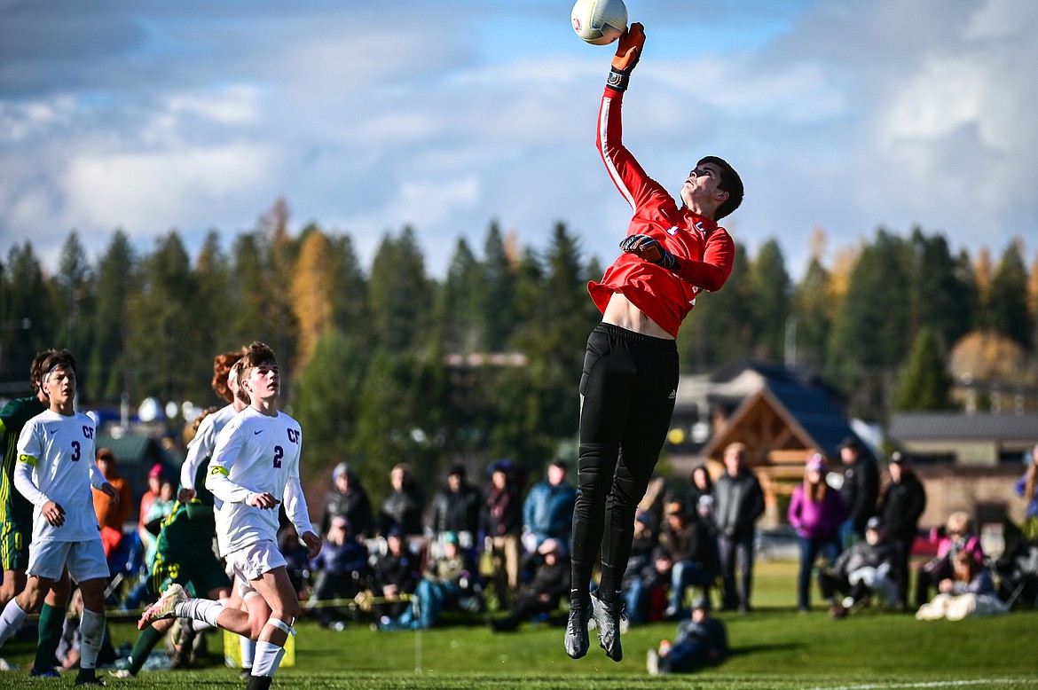 Columbia Falls goalkeeper Bryce Dunham (1) makes a save in the first half against Whitefish in the State A championship  at Smith Fields on Saturday, Oct. 30. (Casey Kreider/Daily Inter Lake)