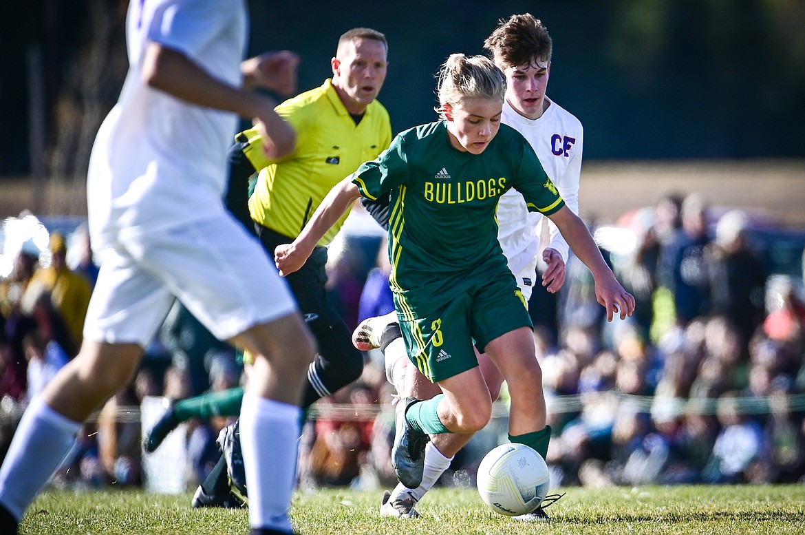 Whitefish's Chase Sabin (3) pushes the ball upfield in the first half of the State A championship against Columbia Falls at Smith Fields on Saturday, Oct. 30. (Casey Kreider/Daily Inter Lake)