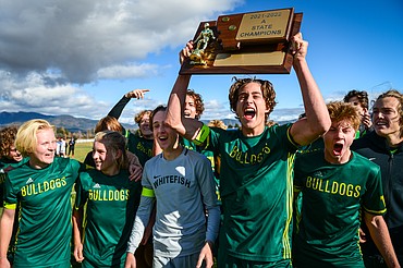 Whitefish celebrates after their State A championship win over Columbia Falls at Smith Fields on Saturday, Oct. 30. (Casey Kreider/Daily Inter Lake)