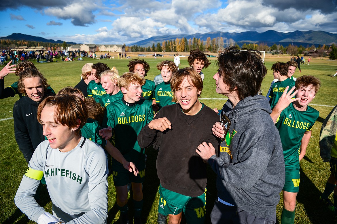 Whitefish celebrates after their State A championship win over Columbia Falls at Smith Fields on Saturday, Oct. 30. (Casey Kreider/Daily Inter Lake)