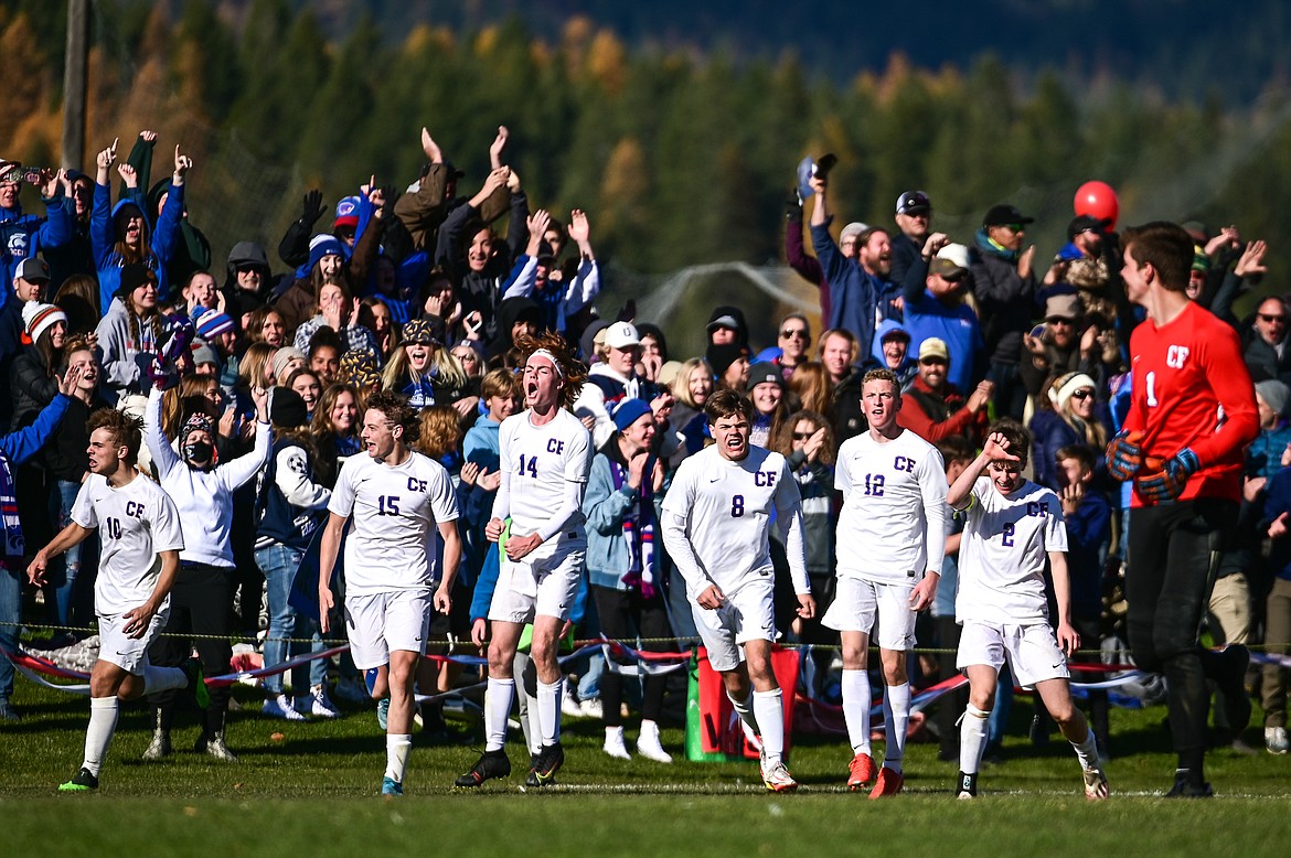Columbia Falls celebrates in front of their fans after a goal in the second half that would tie the game at 2-2 in the State A championship against Whitefish at Smith Fields on Saturday, Oct. 30. (Casey Kreider/Daily Inter Lake)