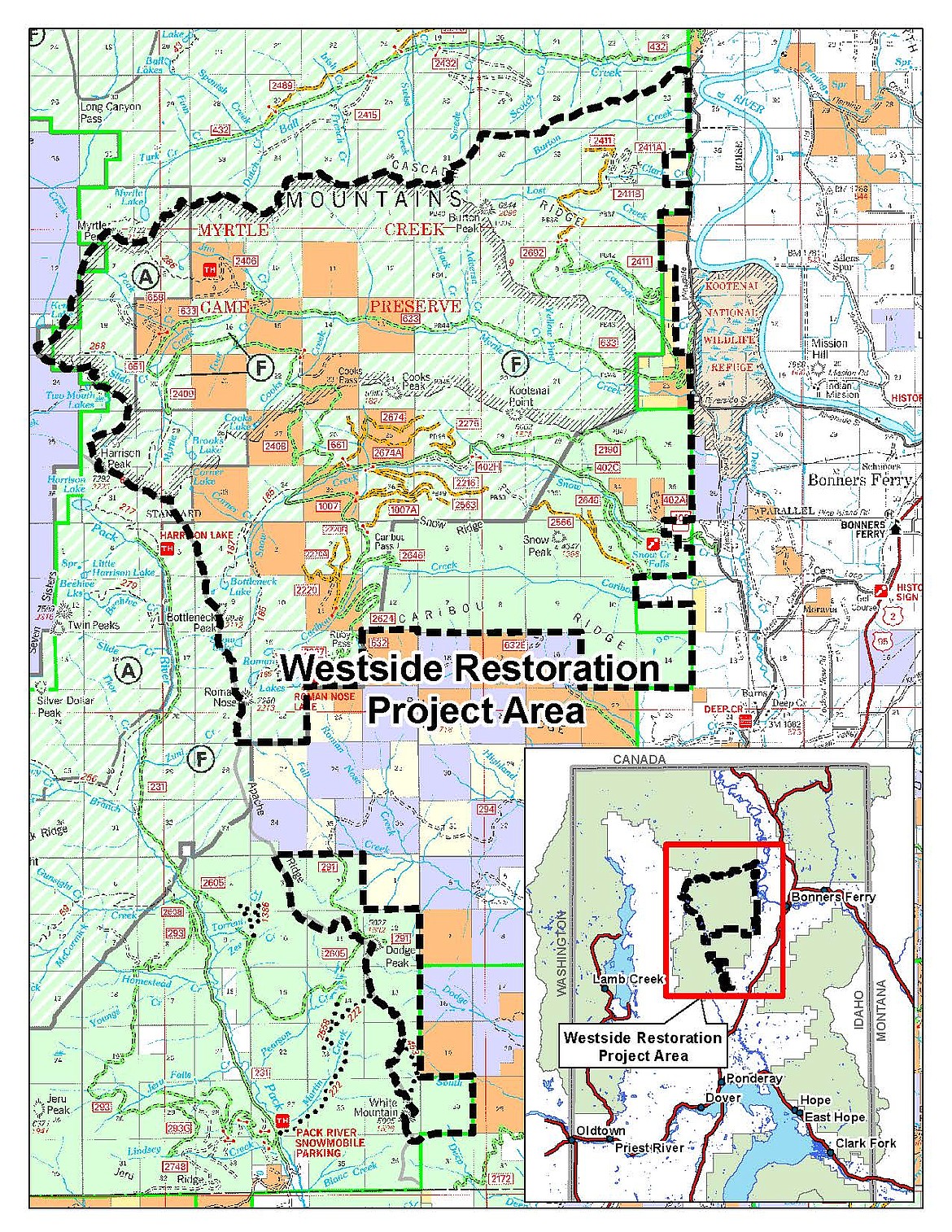 A map of the Westside Restoration Project area. The project will conduct a variety of natural resource management activities within a 60,000-acre project area that includes the Cascade, Myrtle, Snow, and Caribou Creek drainages.