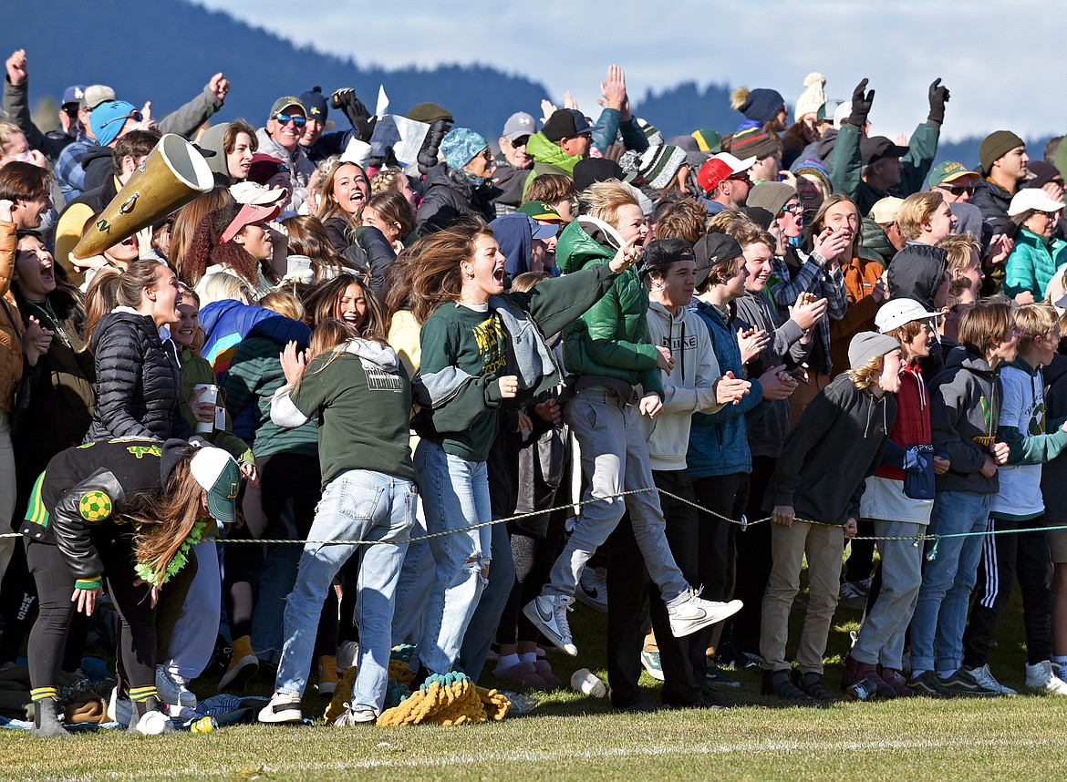 Whitefish fans celebrate the Bulldogs boys soccer team winning its fourth-straight State A Championship on Saturday in Whitefish. (Whitney England/Whitefish Pilot)
