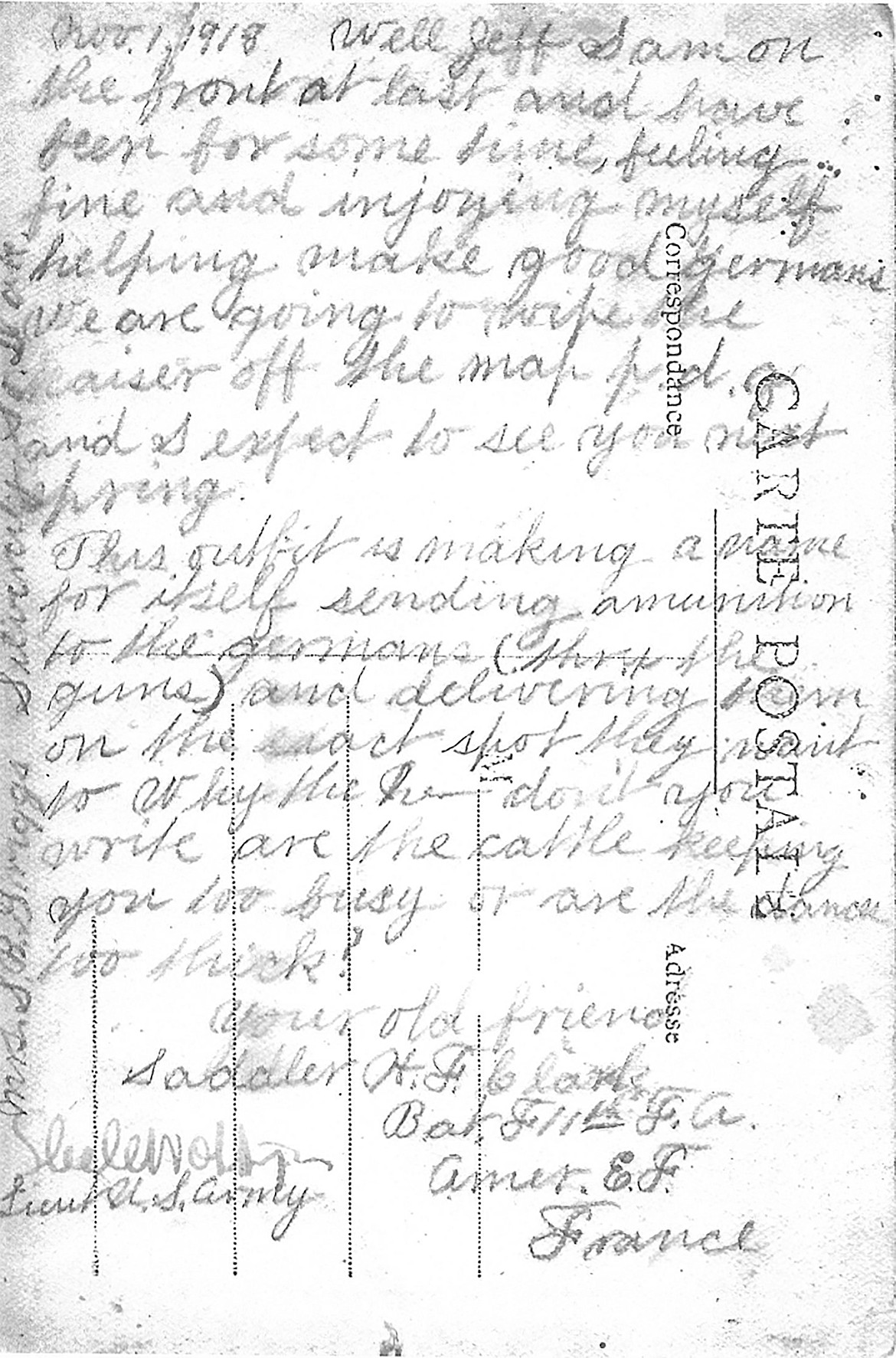 A letter written on the back of a postcard sent by Harry F. Clark from the front lines in France during World War I.