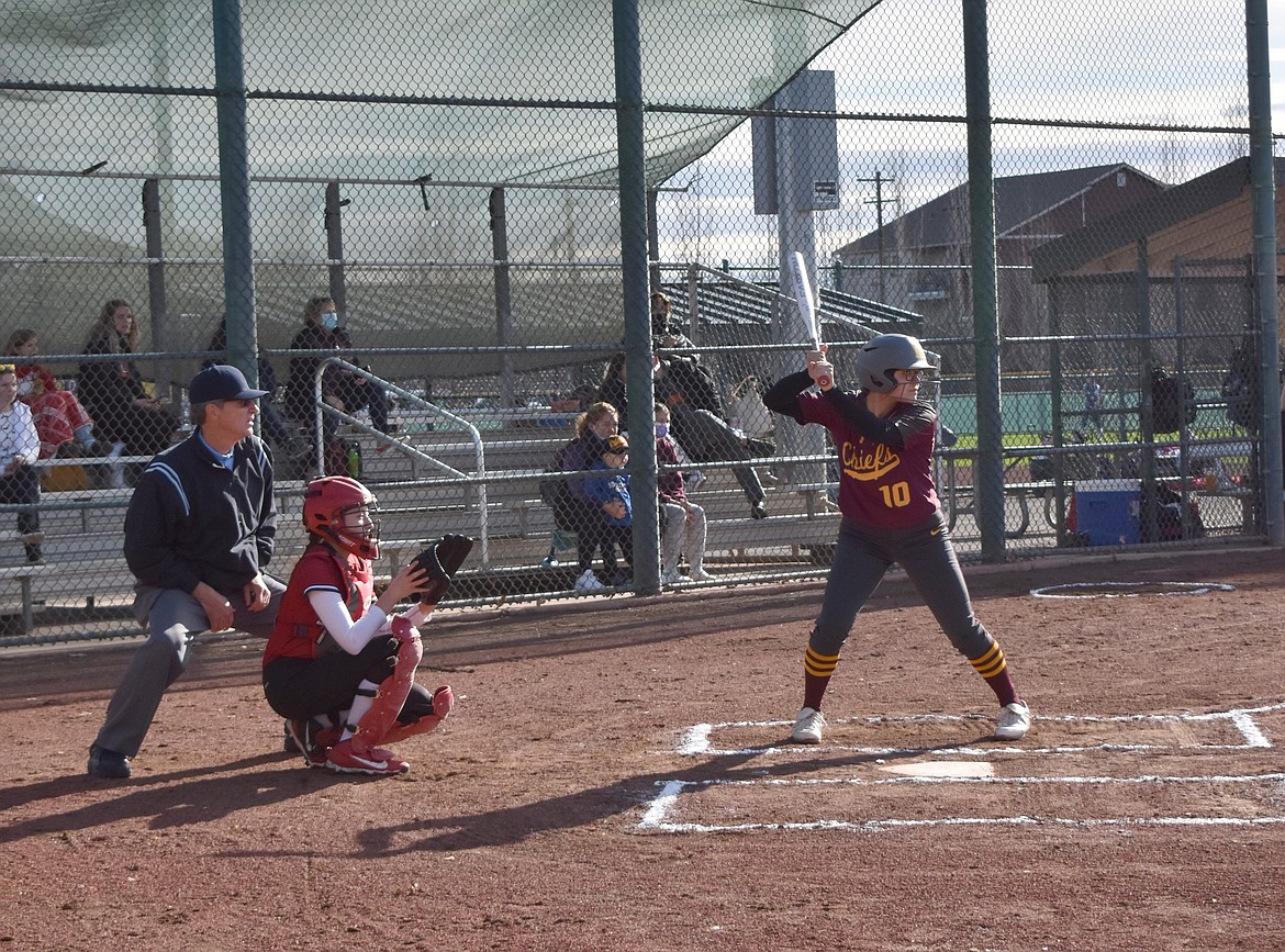 Senior Rylie Sanchez goes to bat against Moses Lake’s first opponent, Union, at the Washington Interscholastic Activities Association/Gesa Credit Union State Slowpitch Softball tournament on Friday.