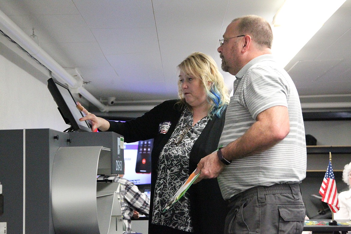 Carene Cratty and Brett McCully operate a ballot counting machine on Election Day Nov. 2. (Will Langhorne/The Western News)