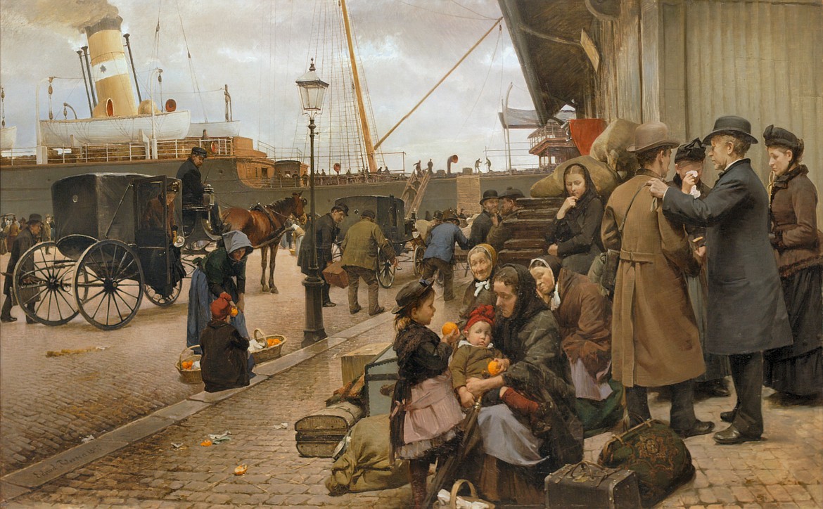Scandinavians comprise about 11 million (3.3 percent) of the ancestry of Americans, with this 1890 image of Danish emigrants about to board ship for America at Larsens Plads port in Copenhagen, painted by Edvard Petersen (1841-1911).
