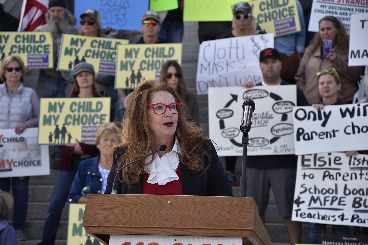 Superintendent of Public Instruction Elsie Arntzen speaks at a rally opposing mask requirements in schools in front of the state capitol, Oct. 1, 2021, in Helena, Mont.