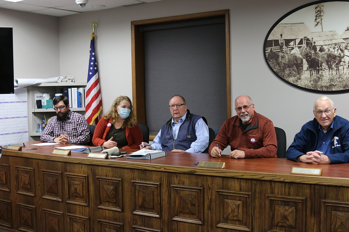 At the Tuesday, Dec. 7 meeting the Bonners Ferry City Council approved going through contractor SCJ for a rewrite of the city's comprehensive plan. From left: Adam Arthur, Valerie Thompson, Mayor Dick Staples, Rick Alonzo and Ron Smith.