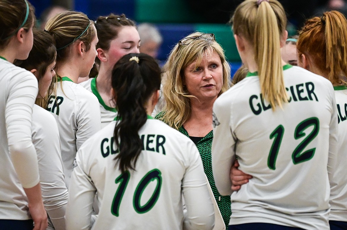 Glacier head coach Christy Harkins talks to the Wolfpack during a timeout against Butte during Round 1 of the Western AA Volleyball Tournament at Glacier High School on Thursday, Nov. 4. (Casey Kreider/Daily Inter Lake)